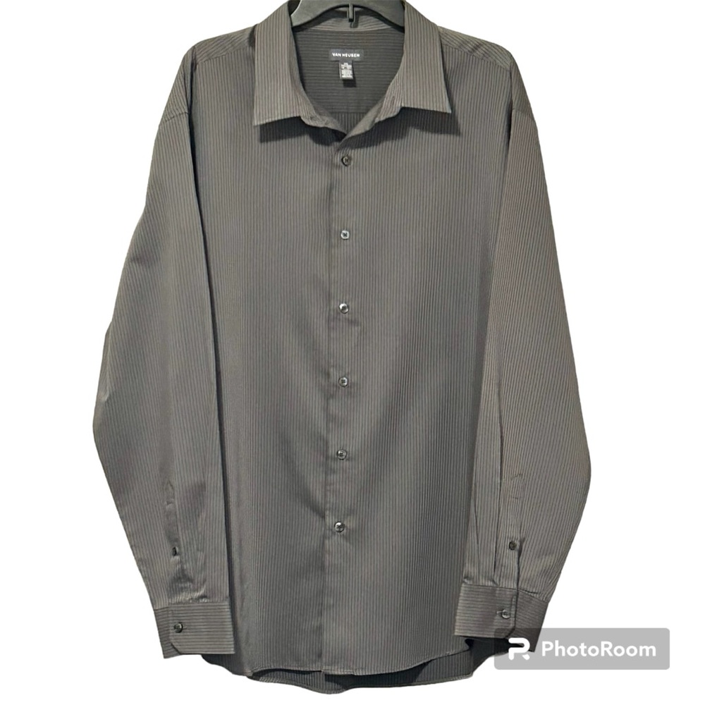 Men Van Heusen Gray Pinstriped XXL 18-18 1/2 Button Up Long Sleeve Shirt